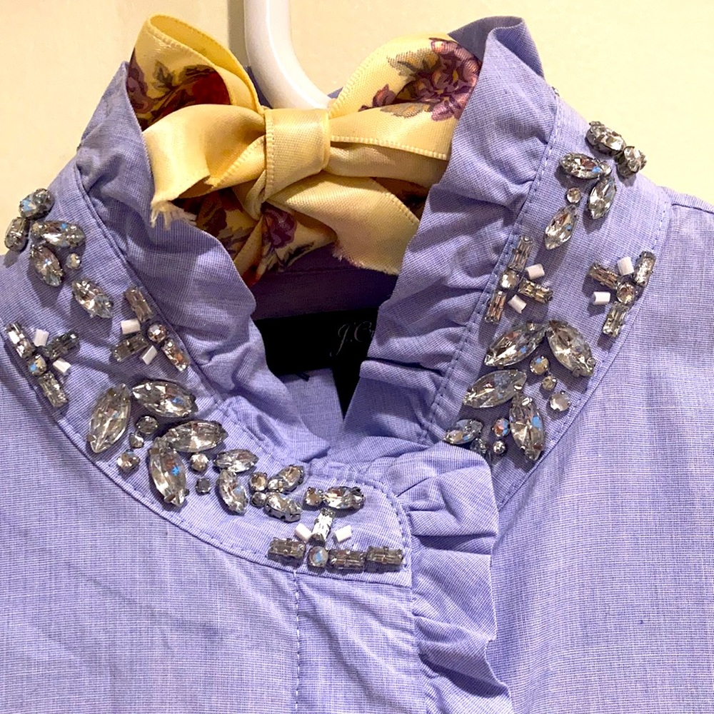 💙💎JCrew Chambray Jeweled Ruffle Collar Oxford Blouse Tilda Rhinestone Size 2